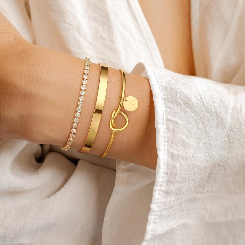 Personalized Gold Initial Bangles - Adjustable Te… - image 5